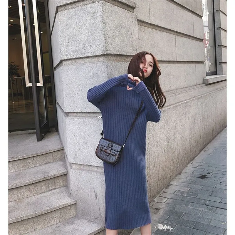 Basic Turtleneck Straight Knitted Dress Women 2019 Casual Fashion Elasticity Maxi Split Party Dress Winter Warm Sweater Vestito