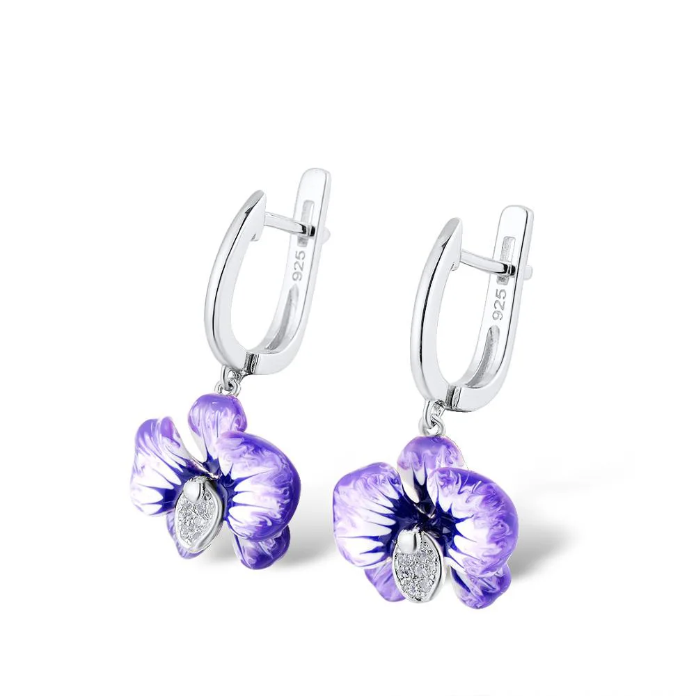 Women Elegant Temperament Flower 925 Silver Drop Necklace Handmade Purple Enamel Pendant Drop Dangle Earrings Fashion Jewelry