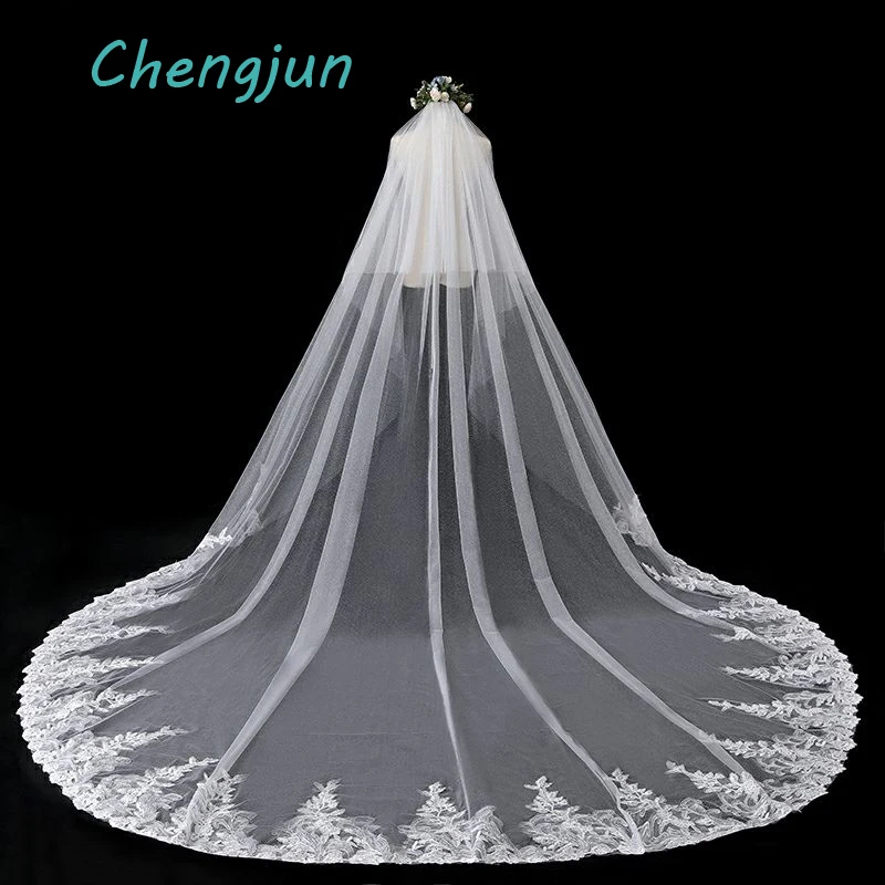 

Chengjun Real Photo 3.5m Two Layers Wedding Veil With Comb Ivory Sequin Lace Edge Cathedral Wedding Veil