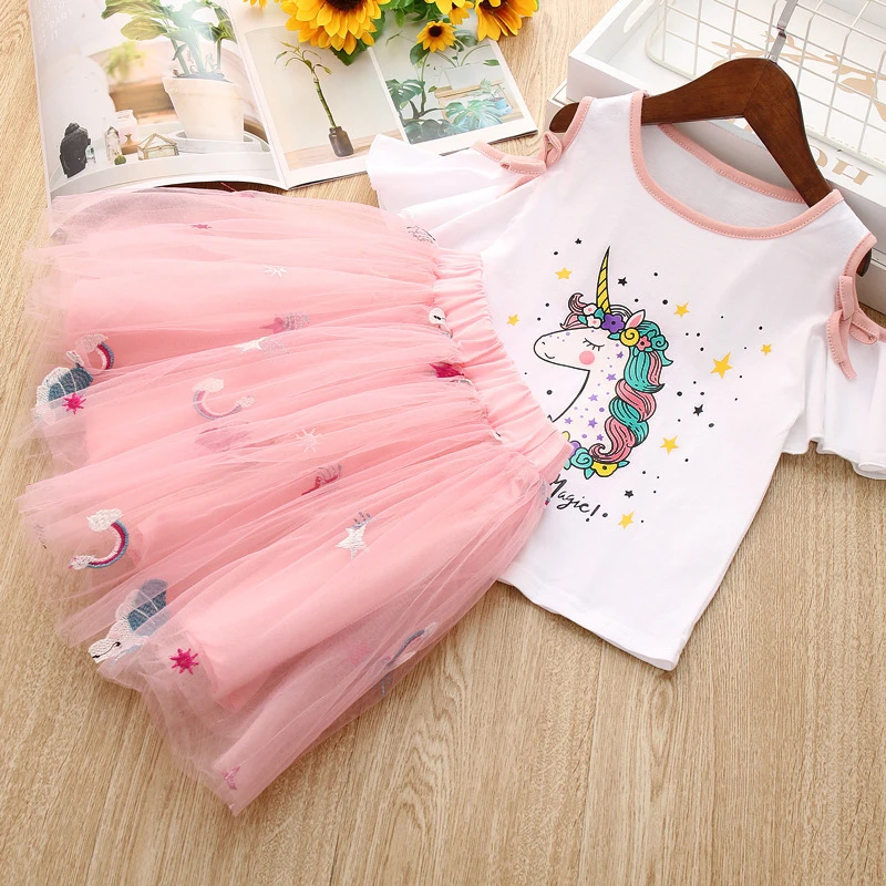 Vgiee Unicorn Girls Dress 2pc Clothes Set Baby Toddler Outfits Summer T- Shirt Children Kid Dresses for Girl 3 Years Party Dress
