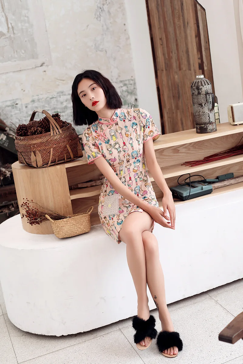 Cheongsam стиль мода Лето представление Подиум Cheongsam облегающий короткий улучшенный Cheongsam для девочек повседневная жизнь