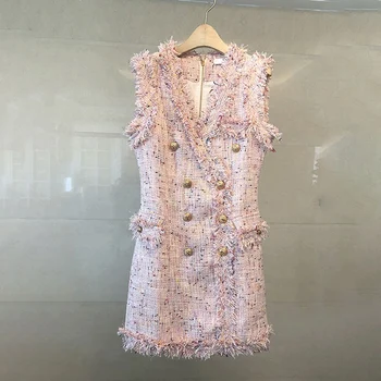 

Pink Tweed Dress Women Sleeveless Zipper Double Breasted Tank Mini Dress Plus Size Tassel Party Dress V-Neck Vintage Office A296