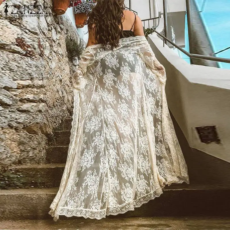 

ZANZEA 2019 Summer Long Cardigan Sexy Women Lace Long Kimono Beach Bikini Cover-up Shirt Side Drawstring Long Blouse Outwear