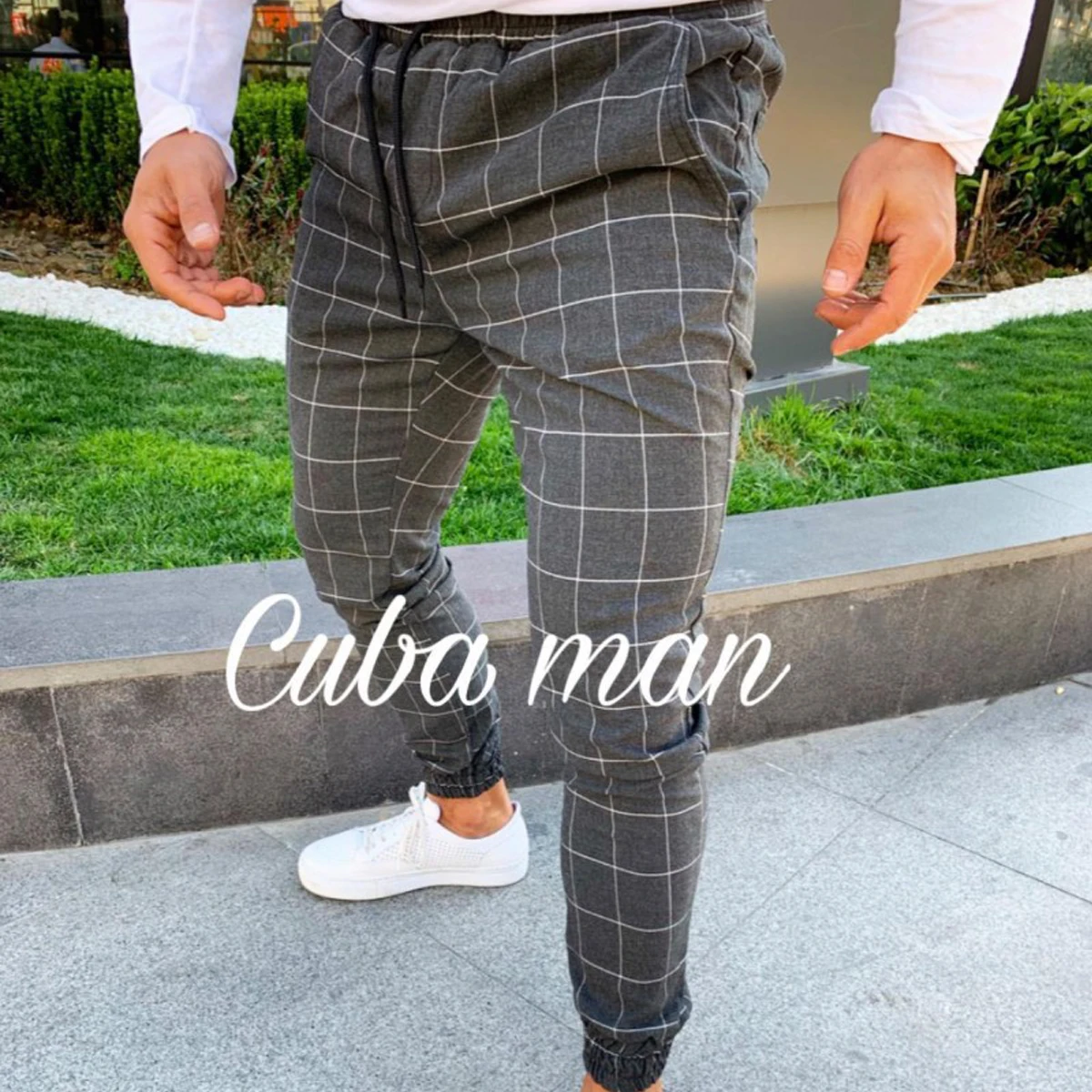 Модные мужские облегающие клетчатые прямые брюки с высокой талией, брюки-карандаш с завязками для бега, повседневные брюки, мужские весенне-осенние брюки