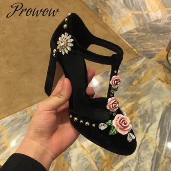 

Prowow New Black Velvet Floral Buckle Strap High Heel Pumps Round Toe Crystal Metal Studded HIgh Heel Pumps ShoesWomen