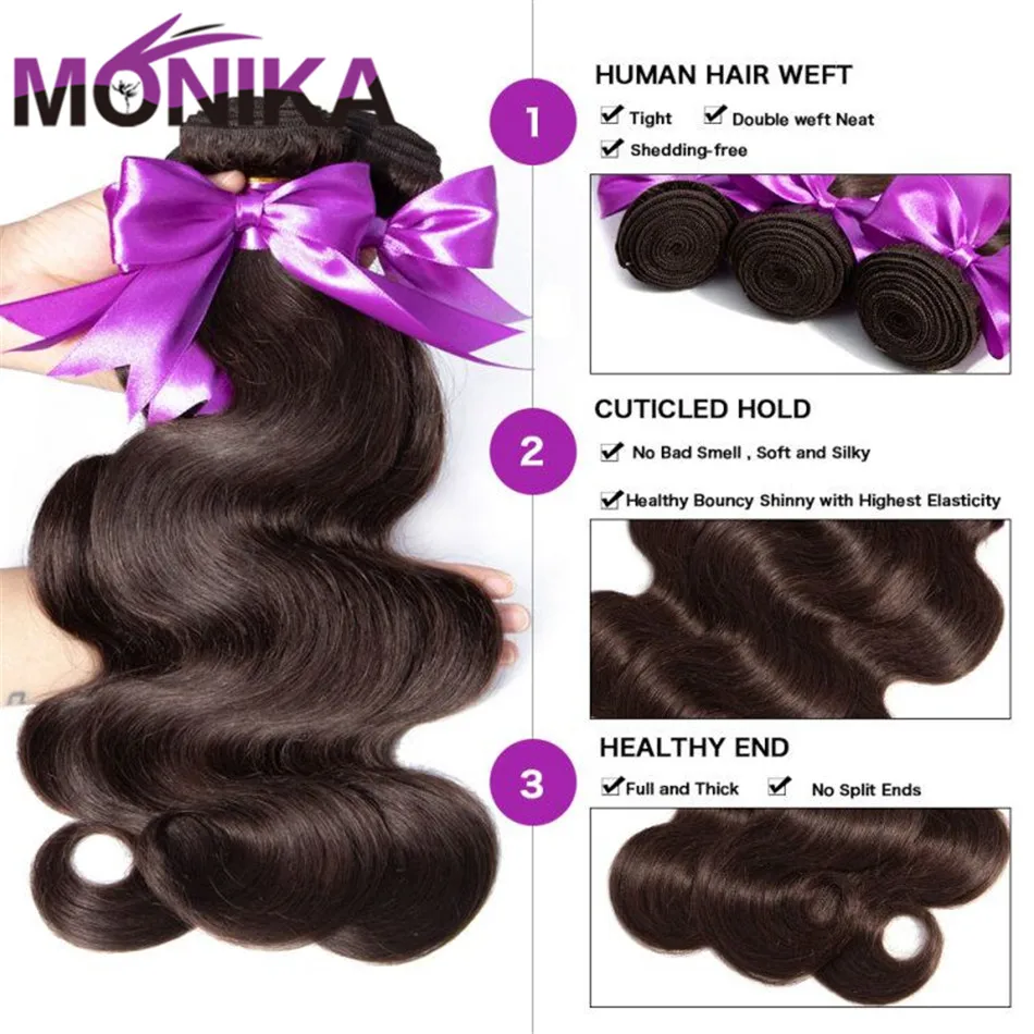Monika волосы#2 темно-коричневые цветные пряди с закрытием малазийские человеческие волосы с закрытием не Реми предварительно окрашенные волосы