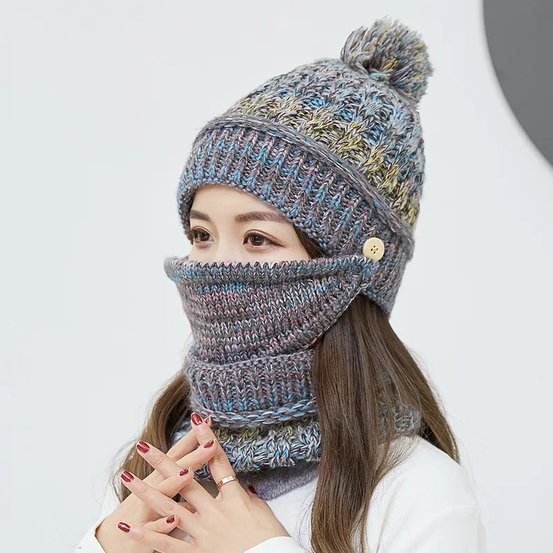 grey hat set Дропшиппинг зимний теплый шейный воротник шапка набор женские шапки шарфы уличные плюшевые вязаные женские шарф шапка перчатки Комплект из трех предметов - Цвет: grey hat set