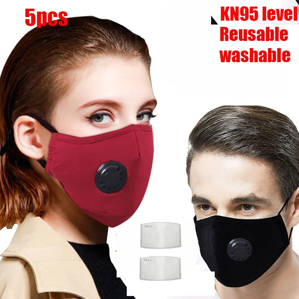 5pcs face mask Breath Valve PM2.5 Mouth Mask Anti-Dust Anti Pollution Mask Cloth Activated Carbon Filter Respirator With Valve 2 pcs anti pollution pm2 5 mouth maske cover filter paper anti dust women men face maske activated carbon filter mouth maske