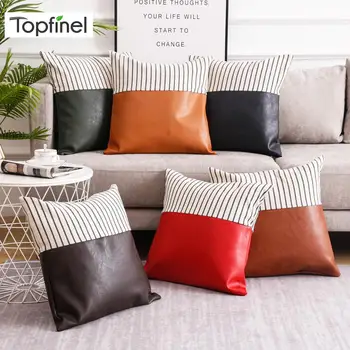 

Topfinel PU Leather Pillowcases Linen Stripe Luxurious Brown Cushion Covers For Sofa Bed Car Seat Throw Pillow Home Decorative