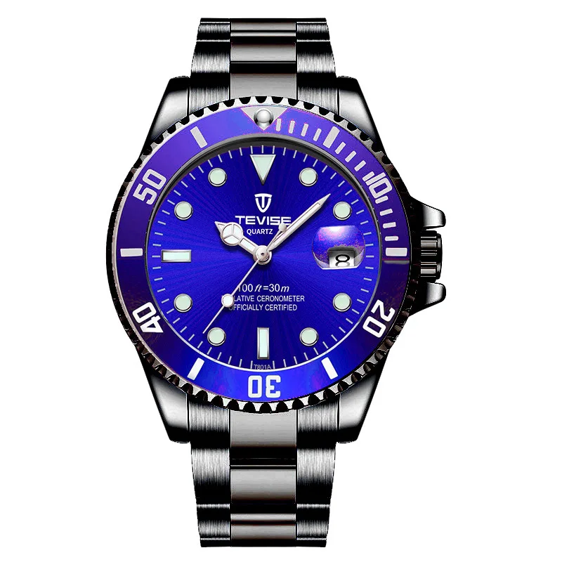 TEVISE Модные мужские кварцевые часы с календарем водонепроницаемые деловые часы из нержавеющей стали мужские часы relojo mascuino - Цвет: black blue