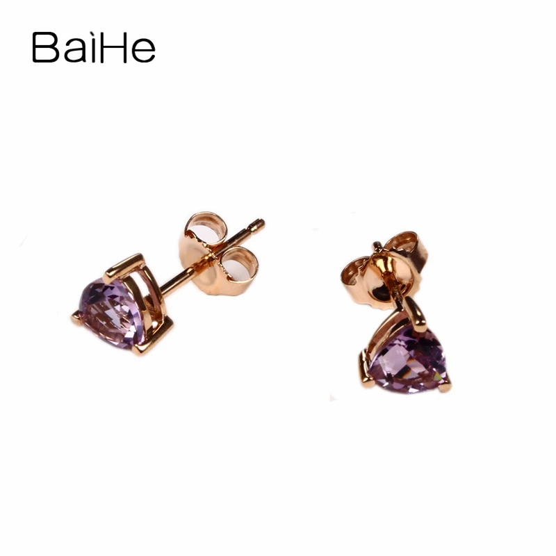 BAIHE Solid 14k Rose Gold Natural Amethyst Stud Earrings Women Trendy Fine Jewelry Triangle トライアングルスタッドピアス серьги |