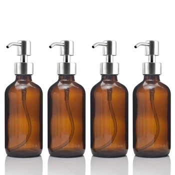 

4pcs 8 Oz Amber Glass Boston Round Bottle w/ Stainless Steel Pump for Kitchen Bathroom Liquid Soaps Essential oils Lotions 250ml