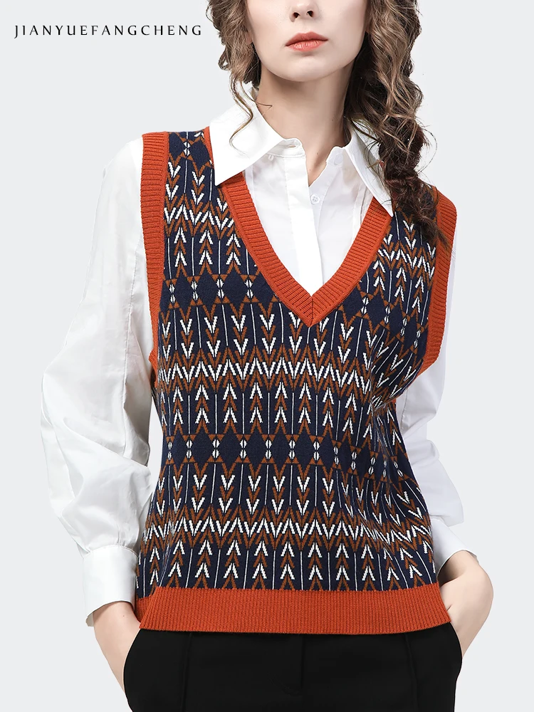 Vintage Jacquard Womens Sweater Vest Knitted Sleeveless V