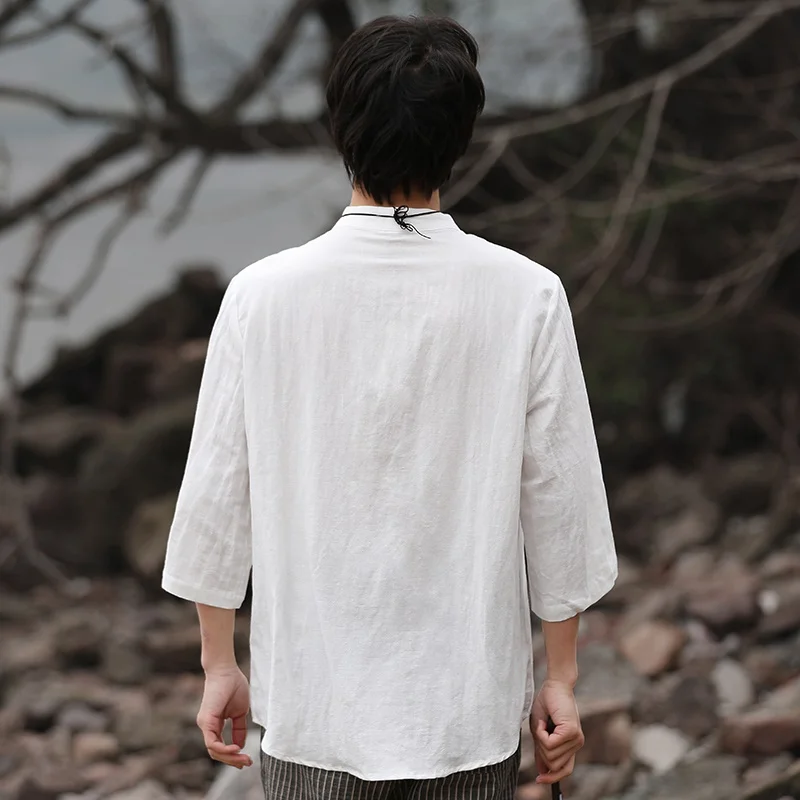 Chinese Style Zen Tea Tee Shirt Retro Cotton Linen Top Solid Color Linen T Shirts For Men Clothing Harajuku Linen T Shirt KK3797