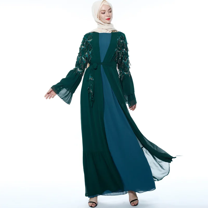 Элегантные мусульманские блестки Абаи кисточкой платье макси кардиган-кимоно с длинным халаты Jubah Ближний Восток Рамадан ИД арабских