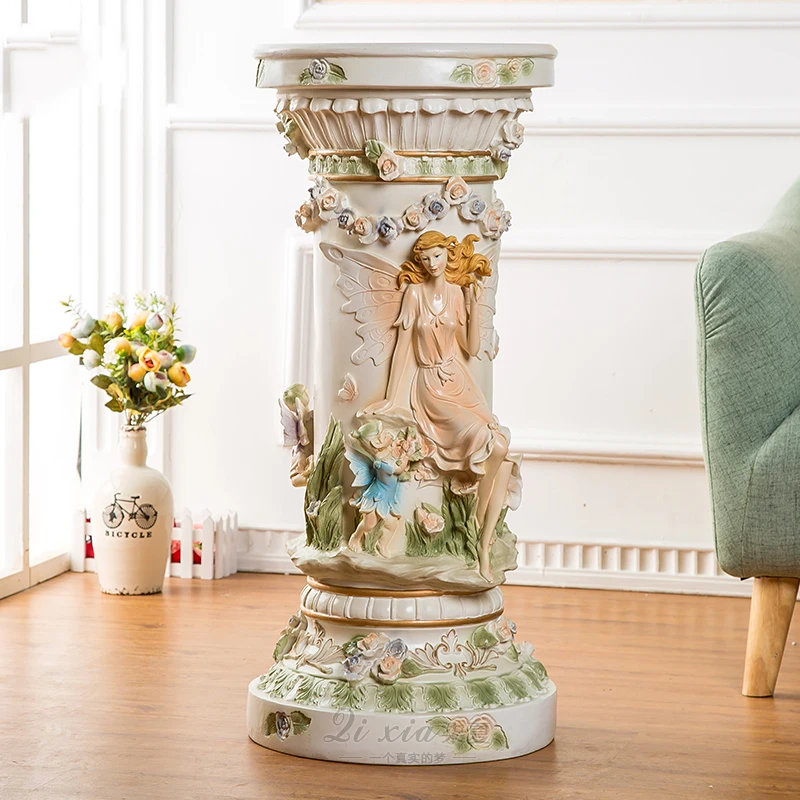 

Angel Girl Holding A Harp Sculpture Living Room European Roman Column Resin Decoration Home Crafts Floor Flower Stand Base