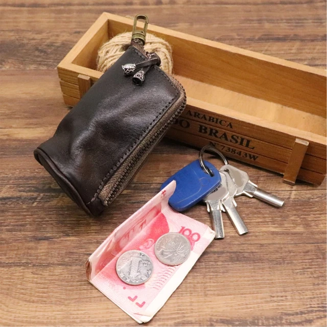 Auony Unisex Genuine Leather Key Case Wallet Pouch Bag Keychain Holder with Key Ring & Zipper (Black)