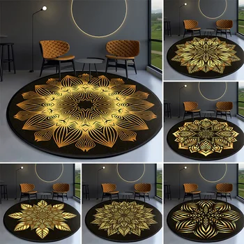 

Black Golden Mandala Flower Suede Round Carpet Living Room Sofa Coffee Table Non-slip Rug Decoration Bohemian Bedside Mat