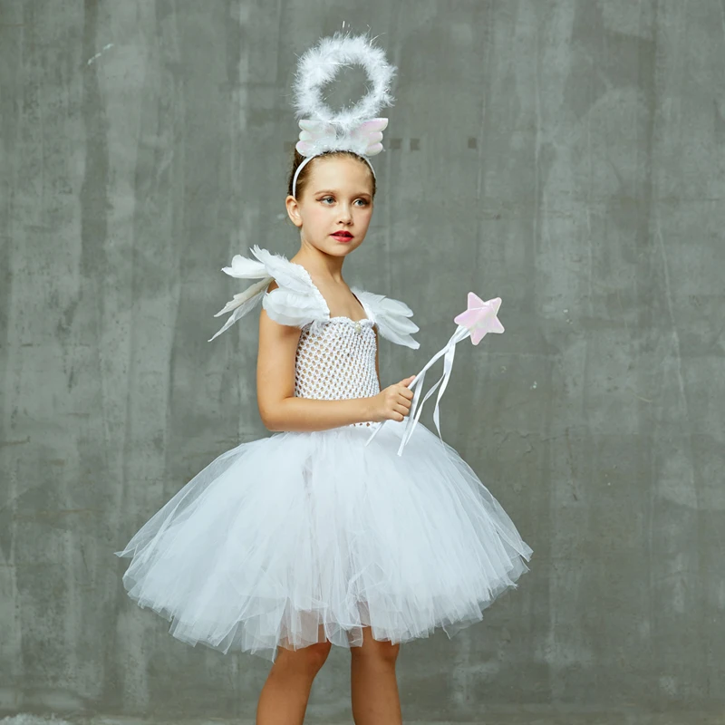 Girls White Heavenly Angel Tutu Dress with Halo & Sequin Angel Wings Back Children Halloween Fancy Dress Up Christmas Costume (15)