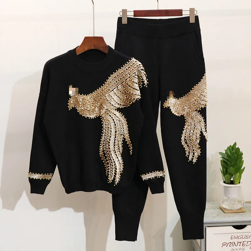 

2020 Spring Autumn Long Sleeve Round Collar Sequined Beaded Phoenix T-shirt Elastic Waist Pants Two Piece Set Women
