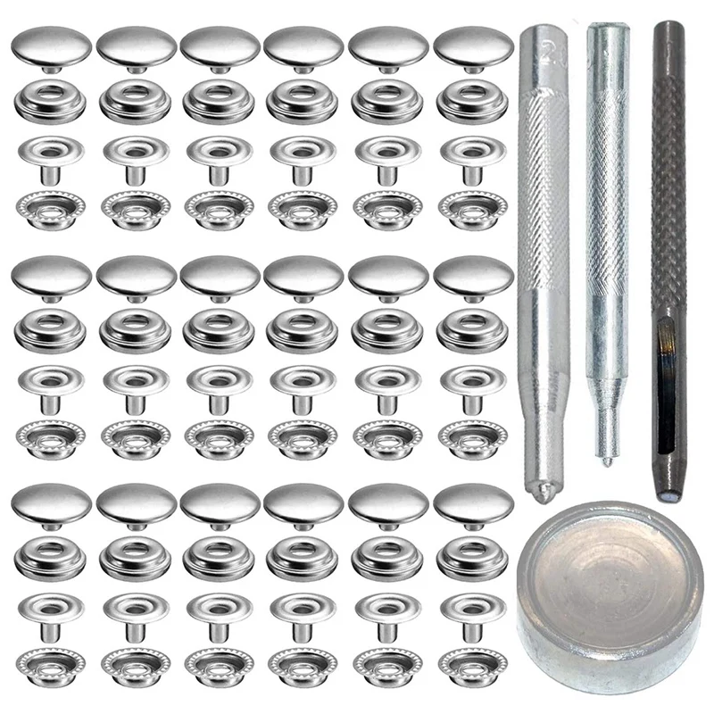 

72Pcs 15MM Stainless Steel Fastener Snap Press Stud Button for Marine Boat Canvas with Punching Set Tool Kit Silver