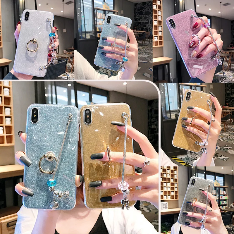 

Glitter Case for Moto G7 Plus Play P30 Note One Power Z3 Force Z2 Play Stand Cover Cases with Bracelet Finger Ring