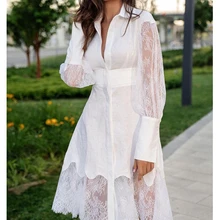

White Lace Stitching Shirts Dresses Women 2021 Autumn Fashion Elegant Loose High Waist See Through Office Lady Slim Fits Dress