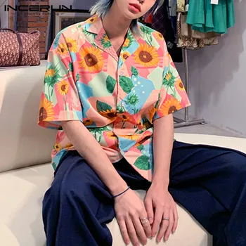 

Fashion Men Hawaiian Shirt Flower Print Short Sleeve Short Sleeve Blouse 2020 Button Up Lapel Beach Casual Camisas INCERUN 5XL 7