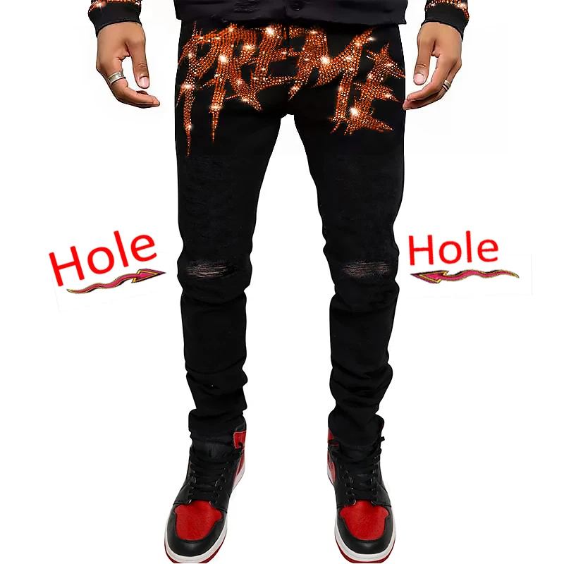 Mens Stretchy Ripped Skinny Black Jeans Slim Fit Hole Trousers High Quality Letter Rhinestones Streetwear Men Denim Pencil Pants