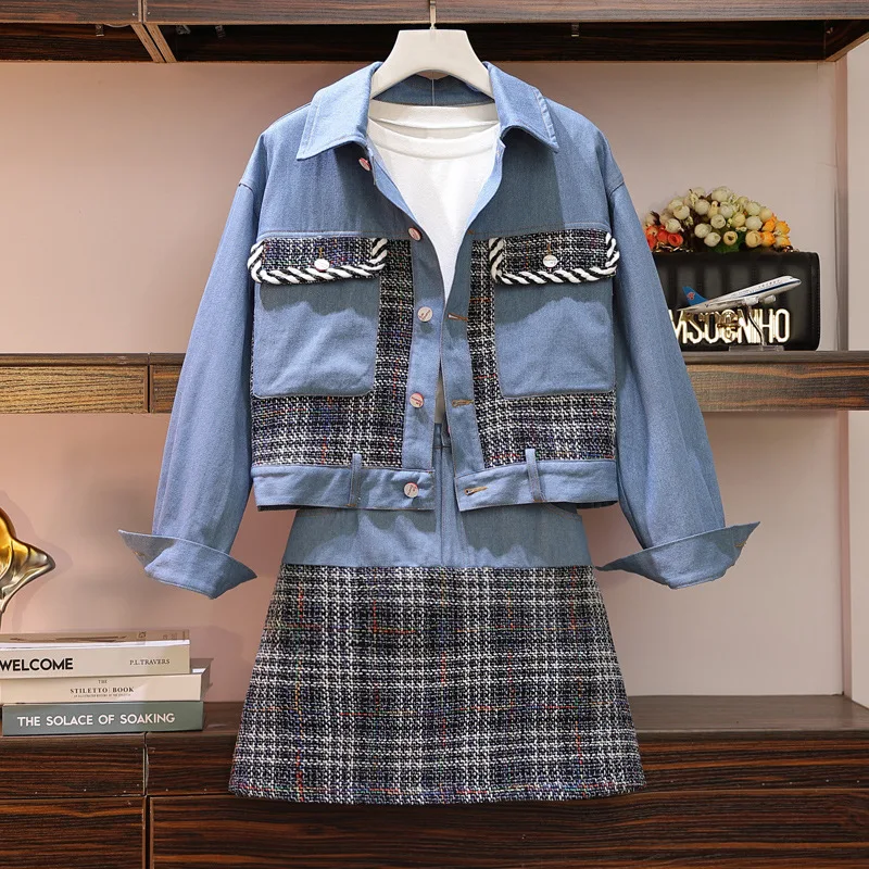 

Photo Shoot 2019 Autumn And Winter Large Size Dress Large GIRL'S Korean-style Cowboy Joint Coat + Half-length Short Skirt Two-Pi