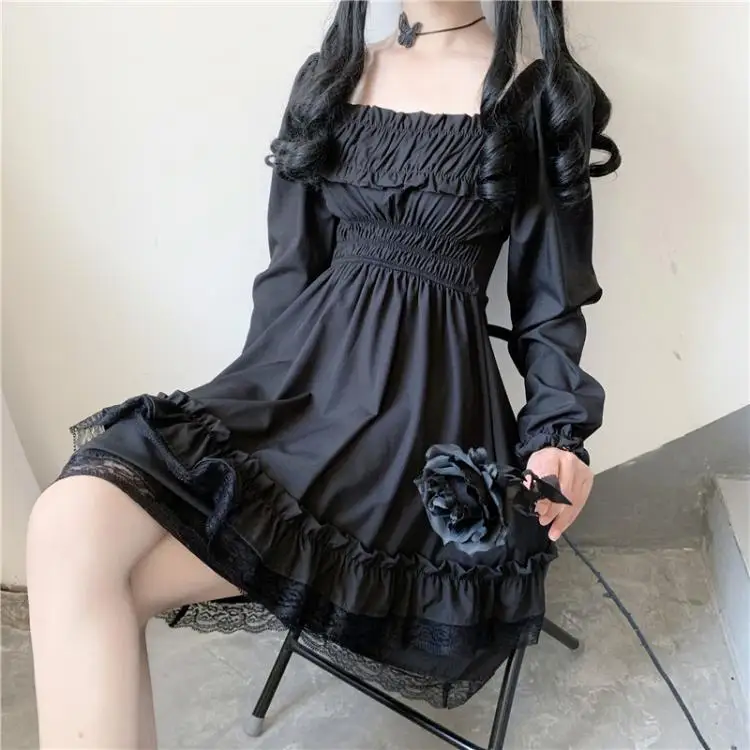 Japanese Lolita Style Women Princess Black Mini Dress Slash Neck High Waist Gothic Dress Puff Sleeve Lace Ruffles Party Dresses satin dress