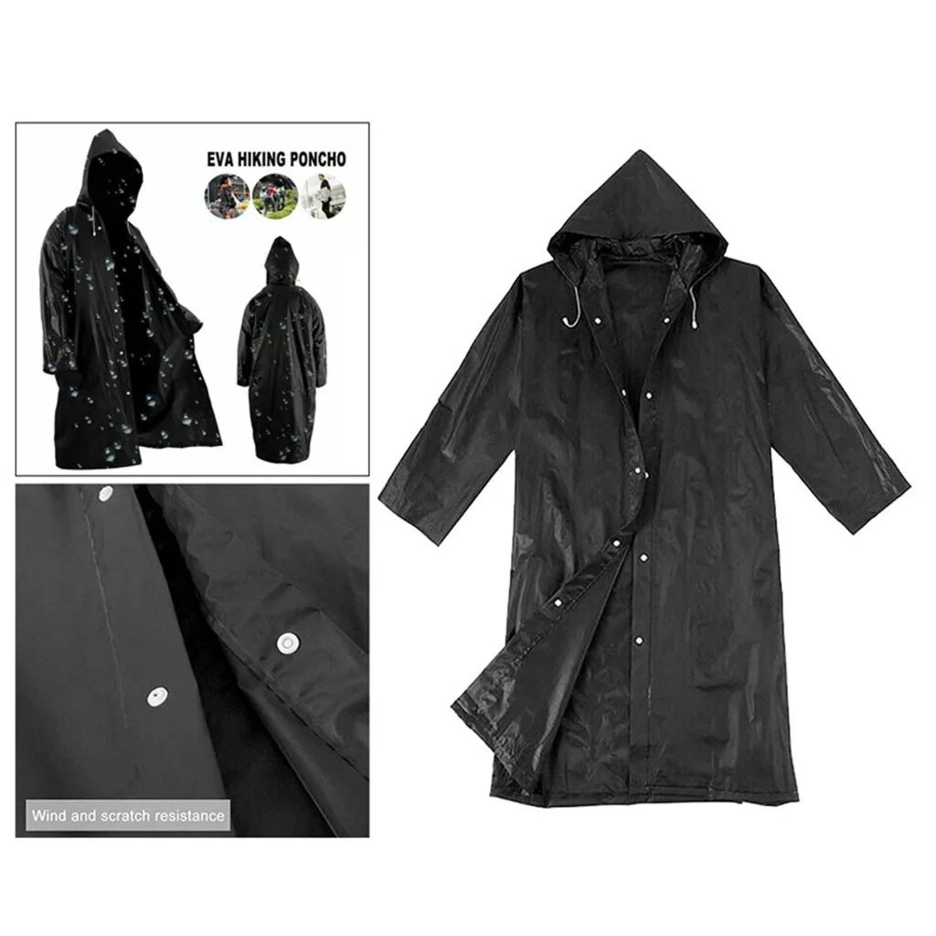 Women Men Fashion Solid Black Rain Poncho Long-Sleeved Hooded Raincoat Waterproof Packable Rain Jacket with Drawstrings
