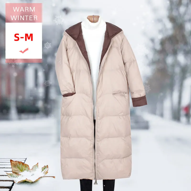 Women Fashion Winter Long White Duck Down Jacket Female Casual loose Soft Warm Feather Coat Hooded Windproof Larger Size Outwear