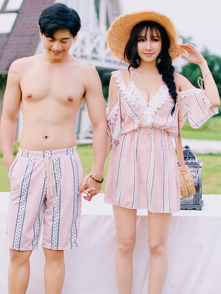 

Couples Set Bikini Three-piece Set Bathing Suit Women's Stripes Beach Shorts Conservative Slimming Seaside Holiday Cover Meat Sw