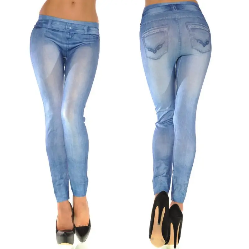 Women Vintage Wash Color Denim Print Leggings Low Rise Stretchy Pencil Pants Seamless Ankle Length Skinny Fake Jeans