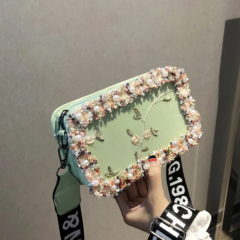 

INS Super Fire Fairy Embroidered Square Sling Bag Small Bag Women's 2018 New Style Wide-Strap Shoulder Bag Less