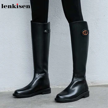 

Lenkisen metal buckle straps Knight boots genuine leather med heels round toe simple winter keep warm women knee high boots L17