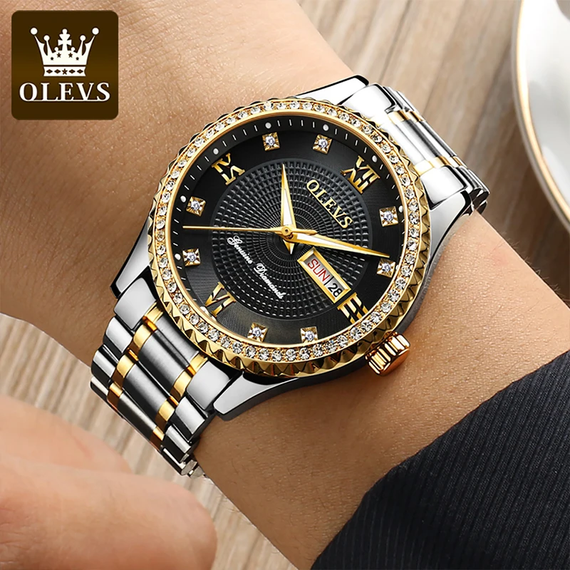 

OLEVS Quartz Men Watch Luxury Diamond Case Luminous 30M Waterproof Weekly Calendar Display Mens Watches Relogio Masculino 6618