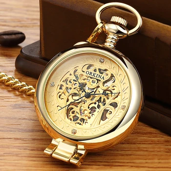 

Transparent Cover Case Mechanical Pocket Watch Skeleton Pendant Fob Chain Reloj for Men Antique Gold Steampunk Montre de poche