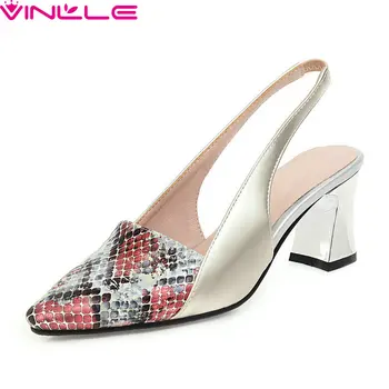 

VINLLE 2020 Pointed Toe Fashion Summer Women Pumps Snakeskin PU Leather Sandals Back Strap Square Heel Ladies Shoes Size 34-43