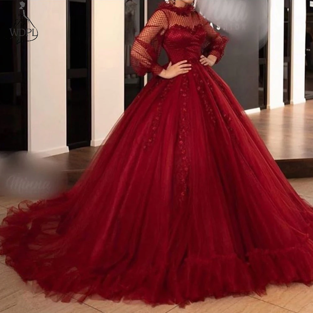 red ball gown long sleeve