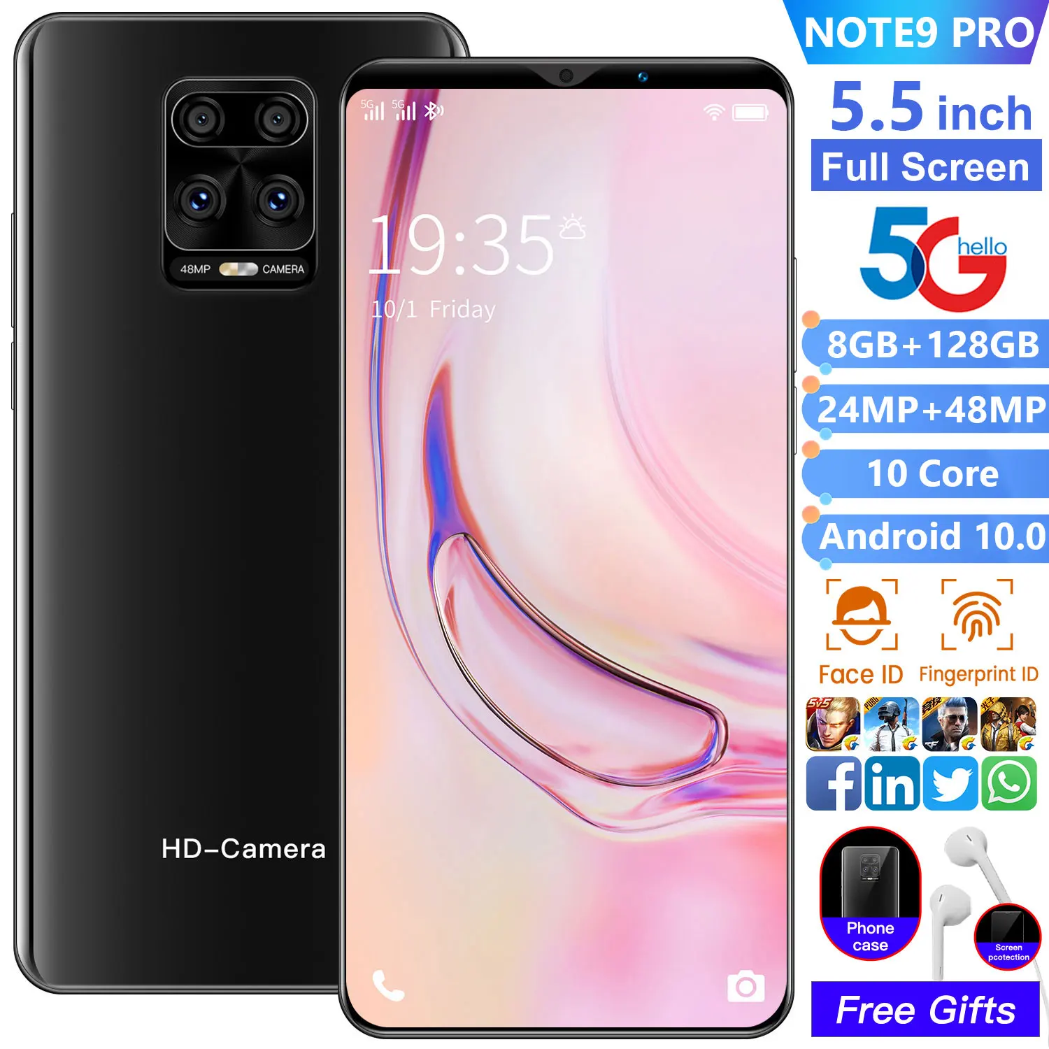 US $57.56 Global Version Full Screen Note 9 Pro55 Inch Smart Phone 8128GB Android10 Cellphone 48MP Face Unlock 10 Core 5G Network Phone