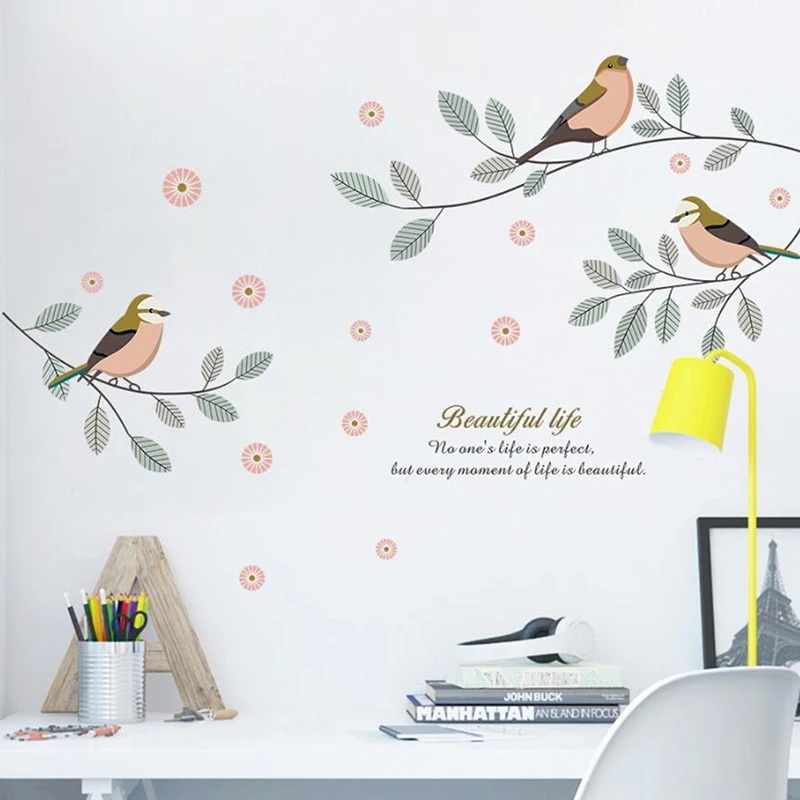 Bird Cage& Leaves Silhouette Pattern wall Sticker For TV Background Dining Hall