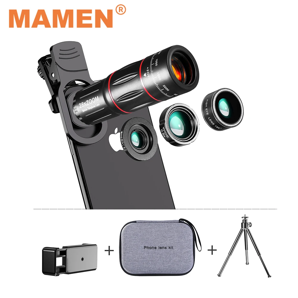 MAMEN 4 в 1 28X телефото + 0.6X широкоугольный 20X Макро рыбий глаз HD внешний телефон Камера объектив с Штатив для