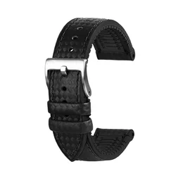 Carbon Fiber Rubber Strap with Stainless Steel Clasp - Waterproof Sport Watch Band - 22mm (Black silver buckle)