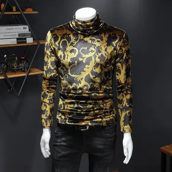 

Autumn Winter Fleece-lined Thickened Turtleneck Long-sleeved T-shirt M-5XL Golden Print T Shirt Club Outfits Royal T Shirt Men
