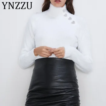 

YNZZU 2019 Autumn Winter Heart Diamond buckle Sweater Women Imitation Fur Pullover Turtleneck Warm Tops Solid Basic Jumper AT408