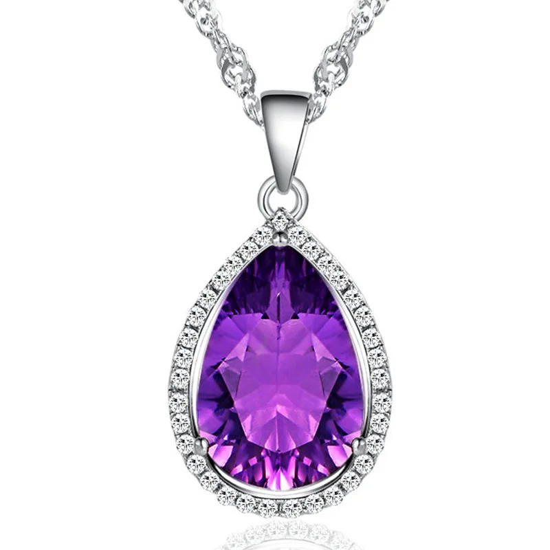 HuiSept Women Necklace 925 Silver Jewelry with Amethyst Zircon Gemstone Water Drop Shape Pendant for Wedding Party Gift Ornament
