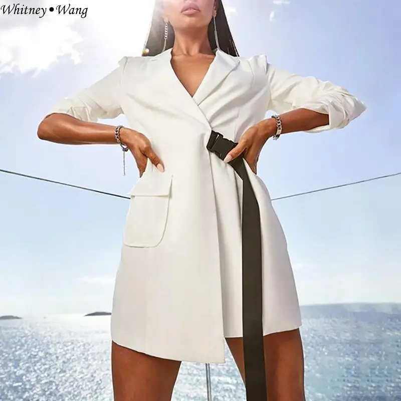 WHITNEY WANG Осенняя мода уличная пояса с пряжками блейзер для женщин офисные женские блейзеры пальто - Цвет: as picture