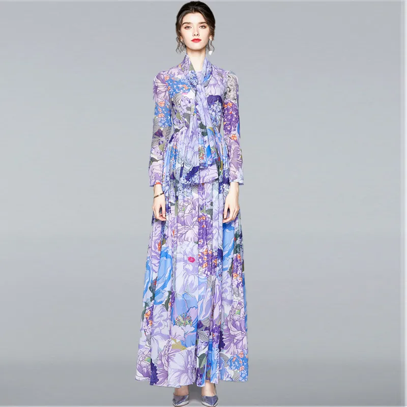 

High-end Ladies O Neck Long Sleeve Belt Bow Printed Maxi Dress 2020 Autumn Bohemian Beach Party Robe Femme Vestidos Plus Size